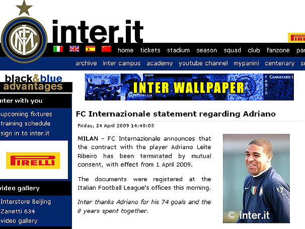 Adriano rescinde contrato com Internazionale de Mil�o