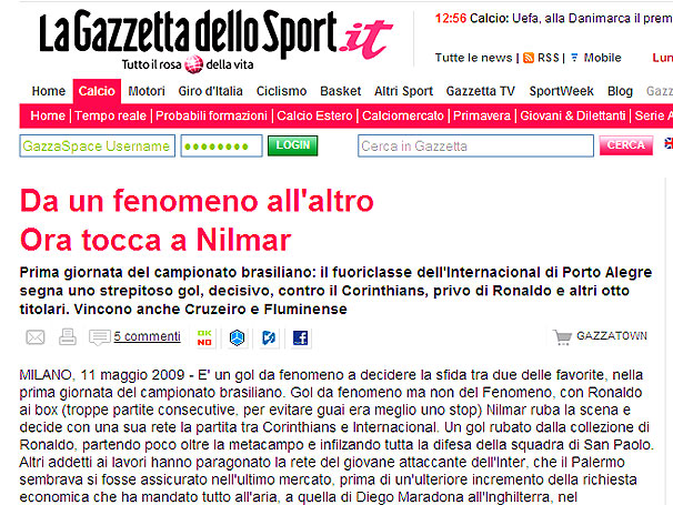 Gazzeta dello Sport compara gola�o de Nilmar ao de Maradona em 1986